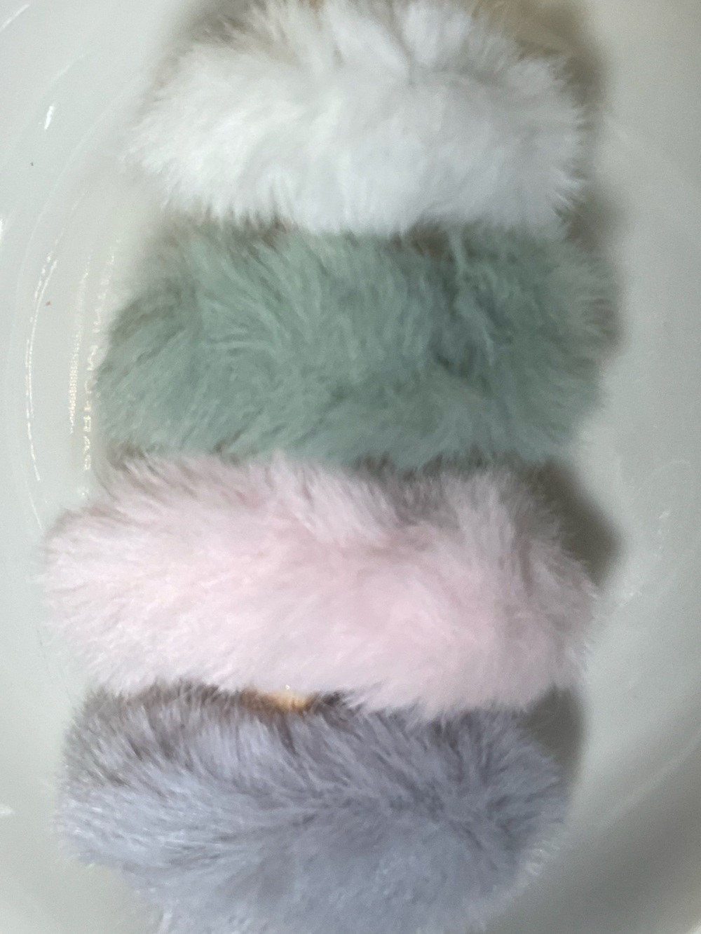 Set of Four Fuzzy Hair Scrunchie Pom Hair Ties - Gray, Pink, Sage, White - Picture 4 of 4